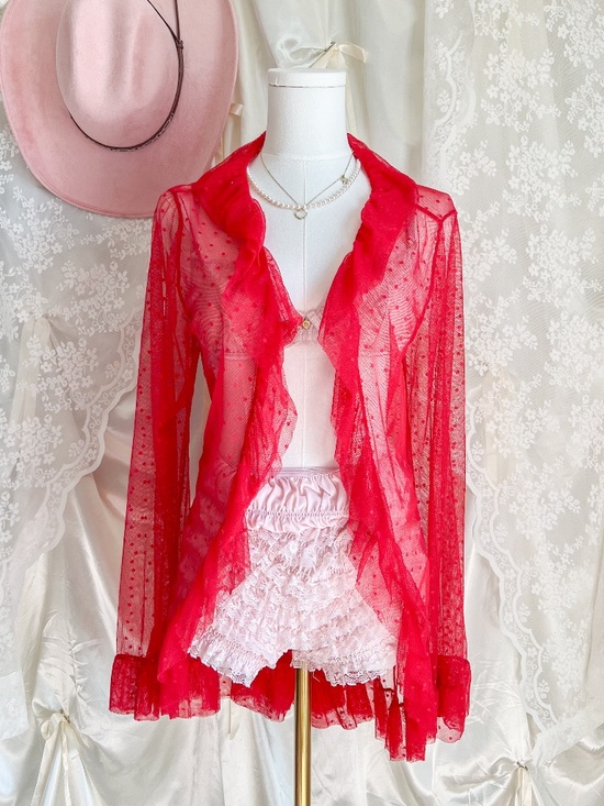 Other - Sheer Red Polka Dot Ruffle Mesh Duster Cardigan
